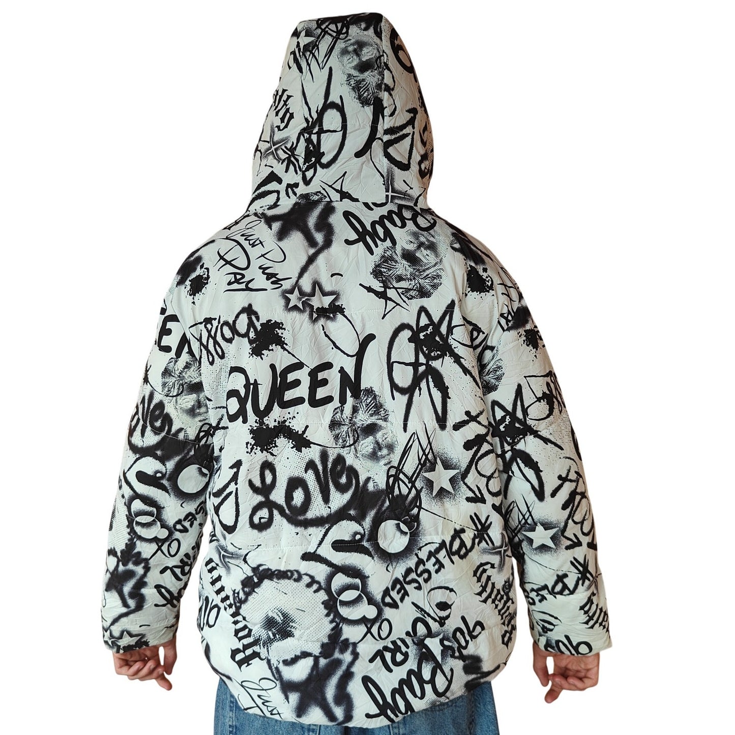 White and Black Graffiti Print Puffer Jacket