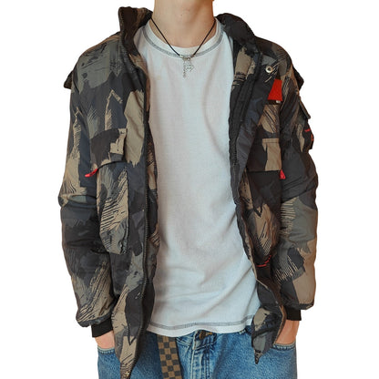 Green and Brown Abstract Camo Puffer Jacket