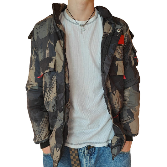 Green and Brown Abstract Camo Puffer Jacket