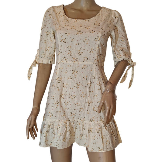 Cream Floral Mini Dress With Tie Sleeves