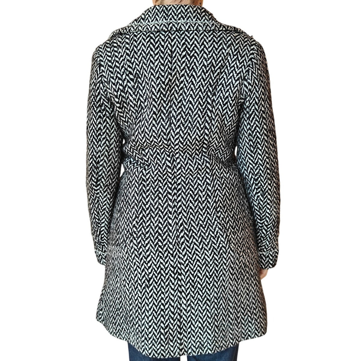 Black and White Herringbone Wool Blend Coat