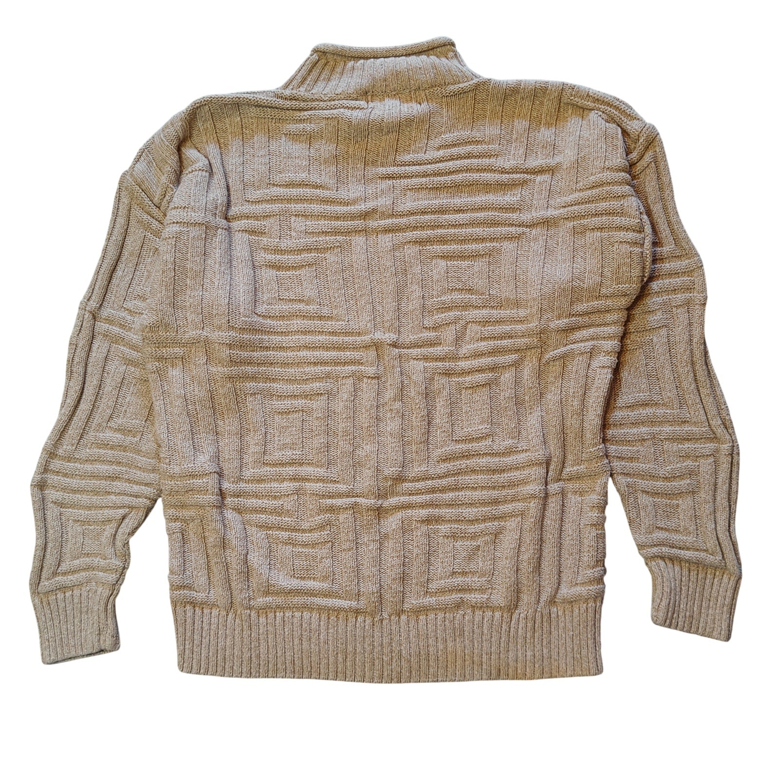 Beige Geometric Textured Cotton Knit Sweater