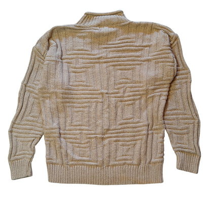 Beige Geometric Textured Cotton Knit Sweater