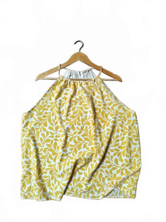 Yellow Leaf-Print Halter Top