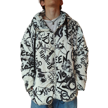 White and Black Graffiti Print Puffer Jacket