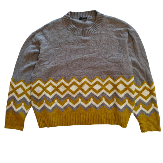 Gray and Yellow Chevron Fair Isle Knit Sweater