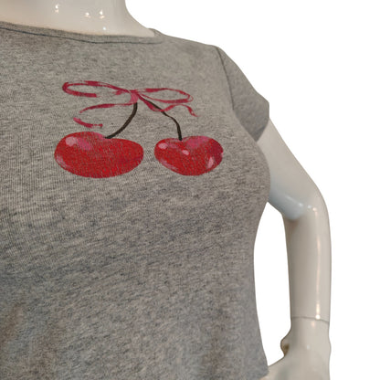Y2K Cherry Graphic Crop Top Gray Baby Tee Fitted
