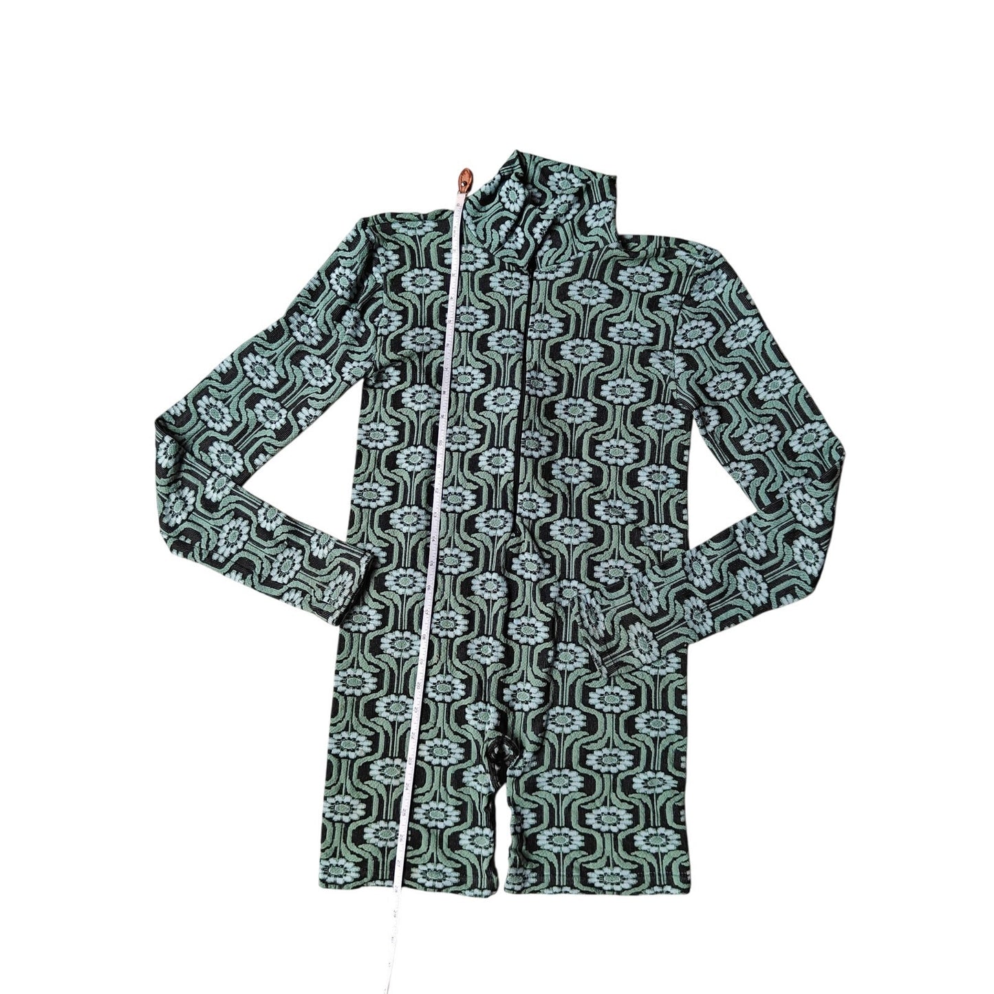 Green and BlueRetro Patterned Long Sleeve Romper