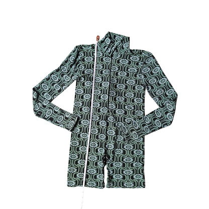 Green and BlueRetro Patterned Long Sleeve Romper