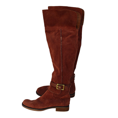 Cognac Suede Tall Riding Boots With Buckle Detail