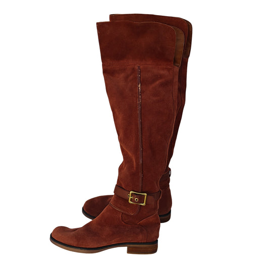 Cognac Suede Tall Riding Boots With Buckle Detail
