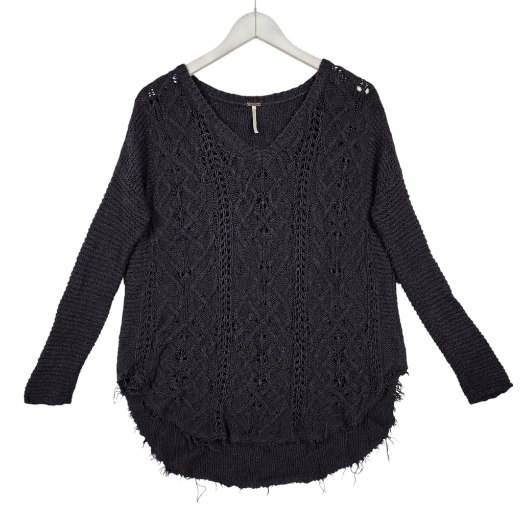 Free People Cable Knit V-Neck Sweater – Charcoal Gray