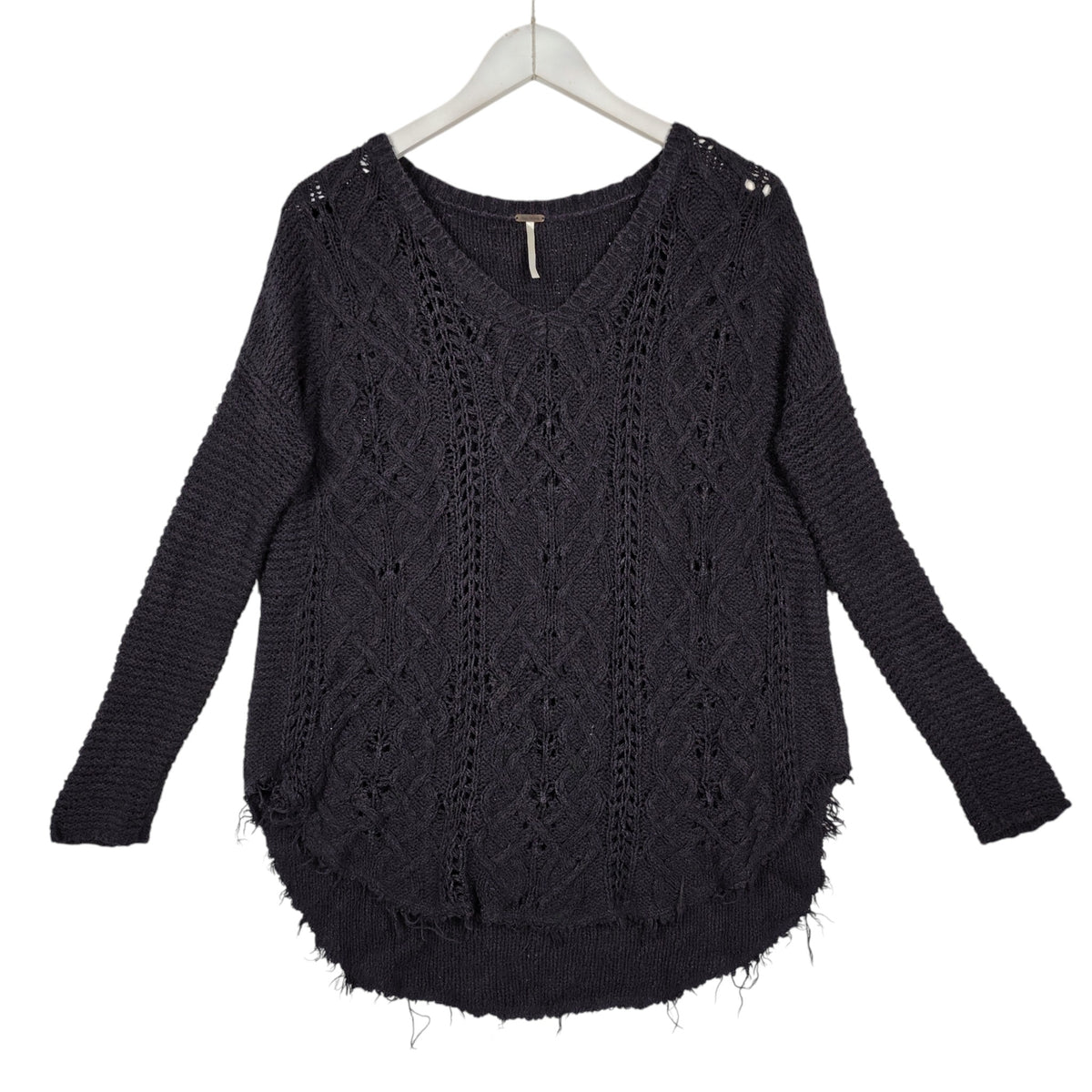 Free People Cable Knit V-Neck Sweater – Charcoal Gray