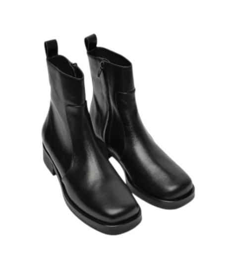 Mens low square tipped black leather boots