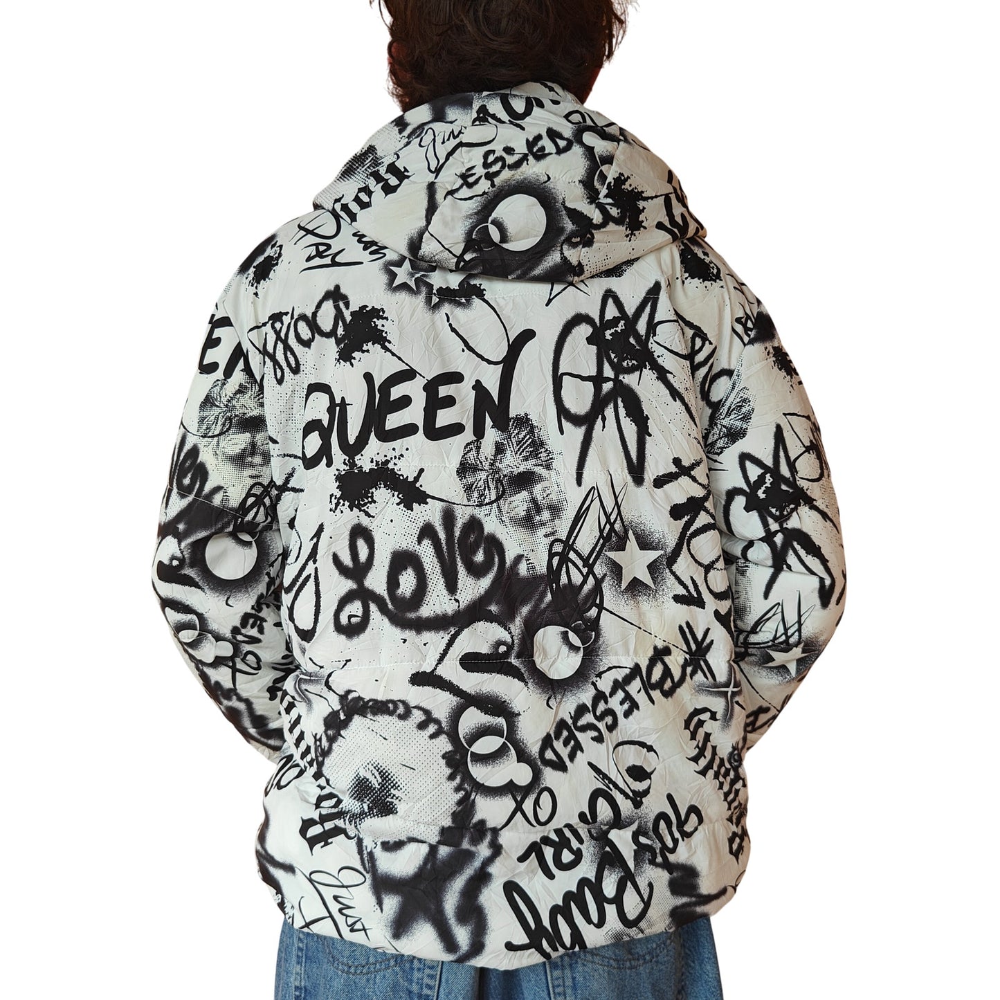 White and Black Graffiti Print Puffer Jacket