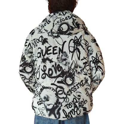 White and Black Graffiti Print Puffer Jacket