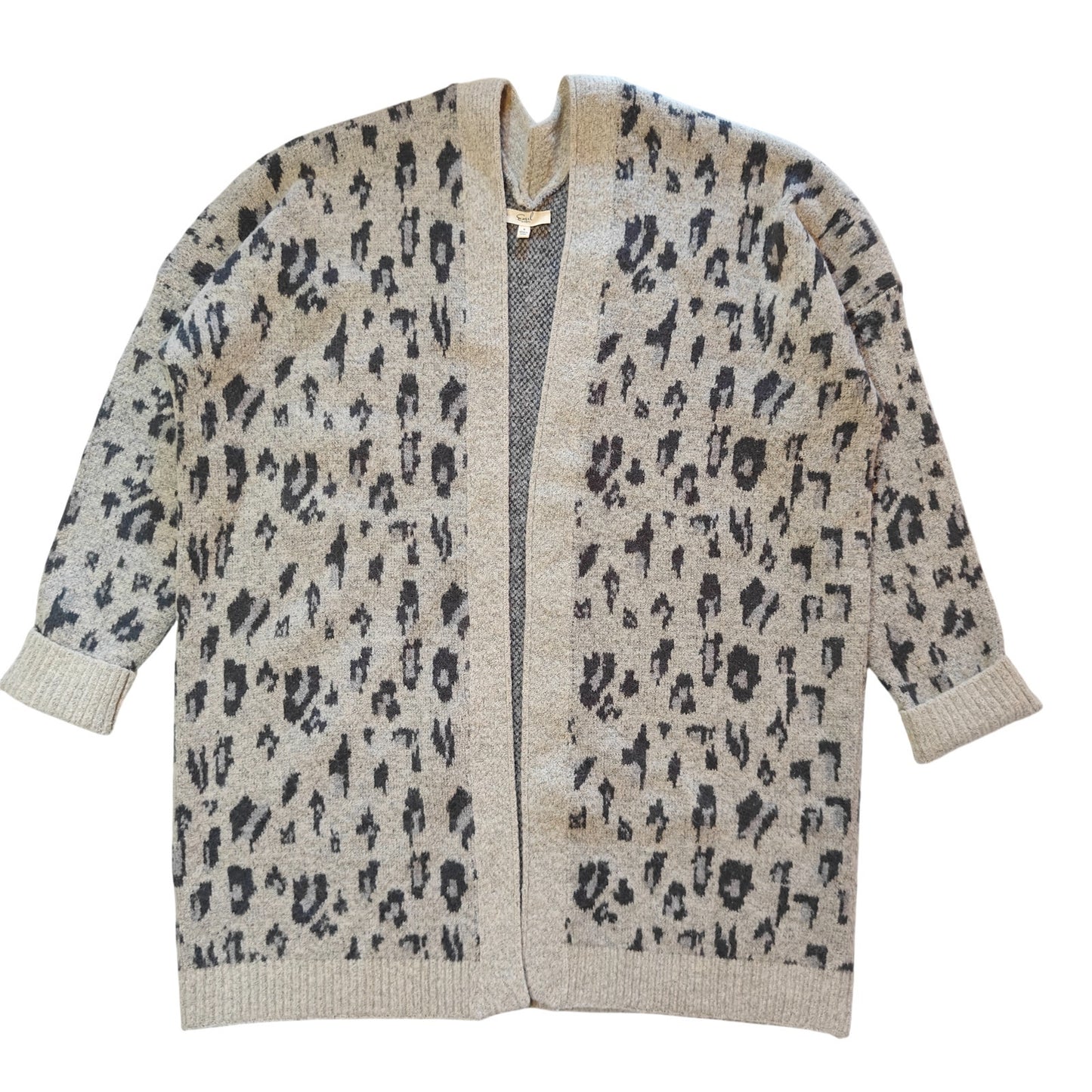 Beige and Gray Open Front Cardigan Sweater