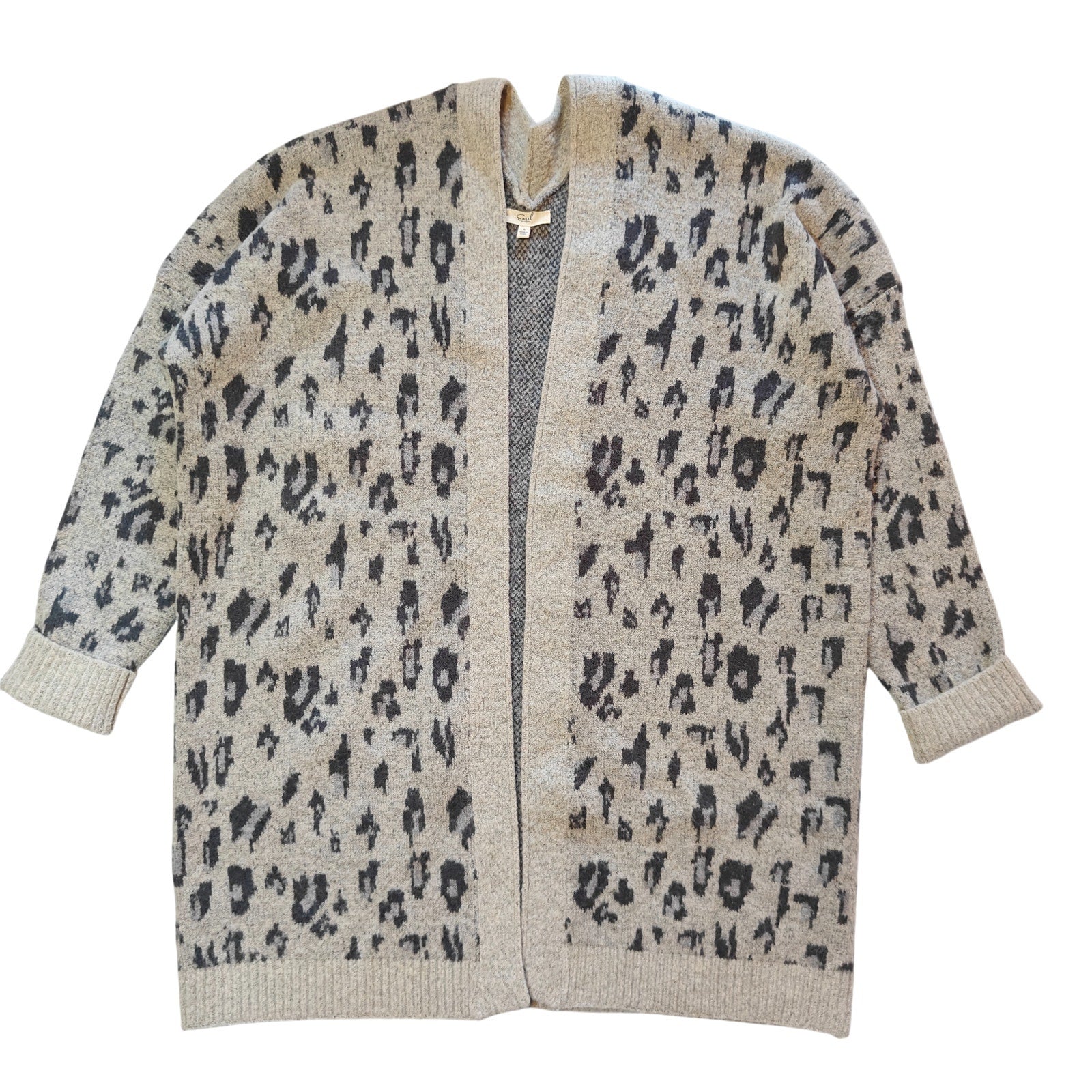 Beige and Gray Open Front Cardigan Sweater