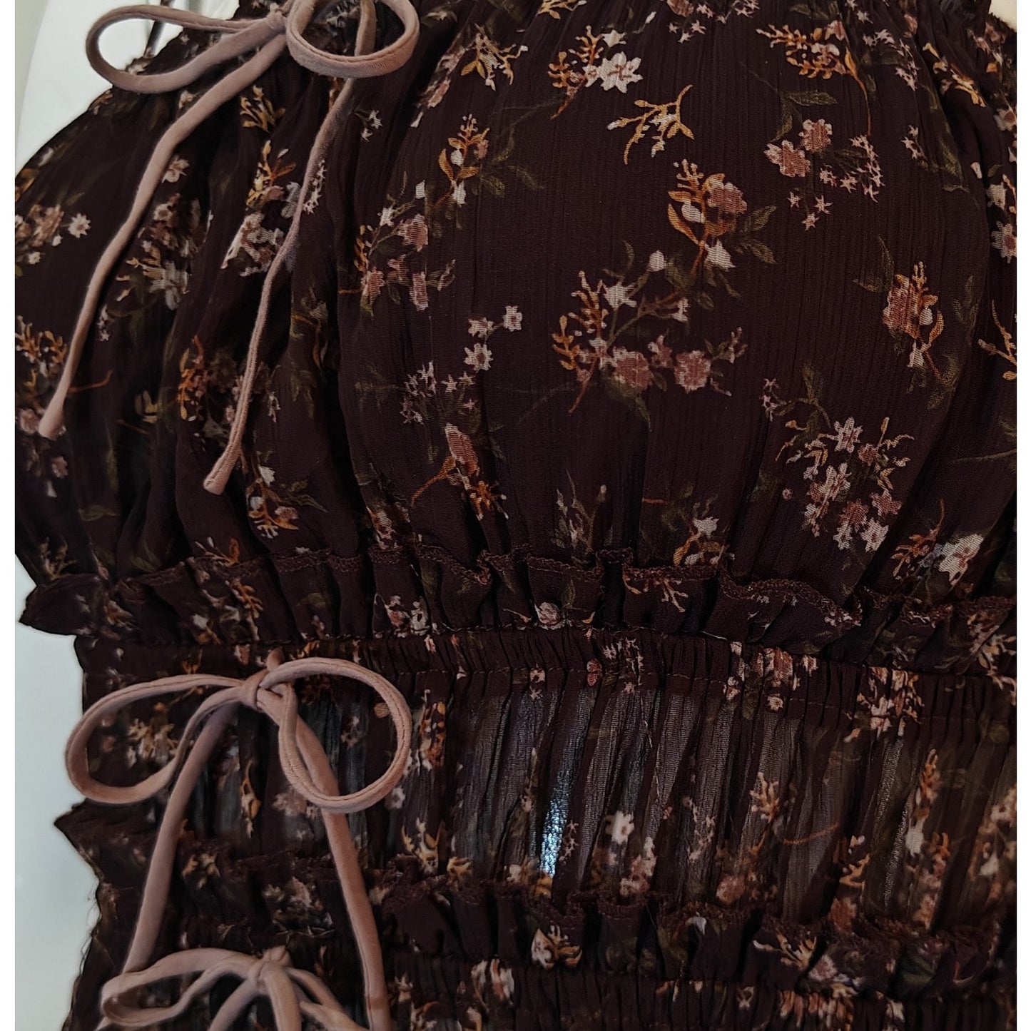 Brown Floral Sheer Ruched Tie Front Cami