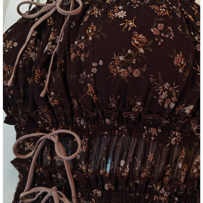 Brown Floral Sheer Ruched Tie Front Cami