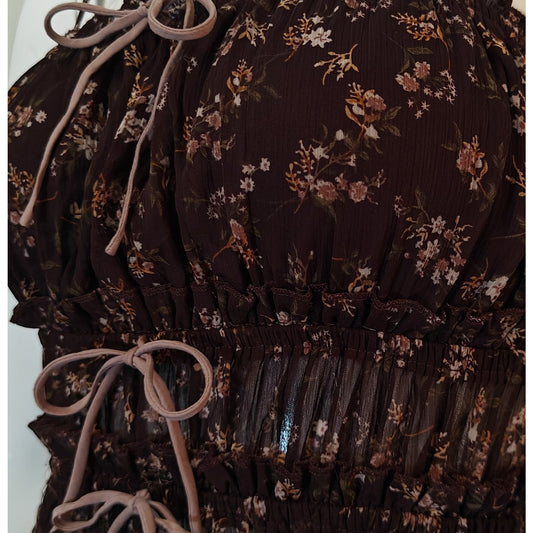 Brown Floral Sheer Ruched Tie Front Cami