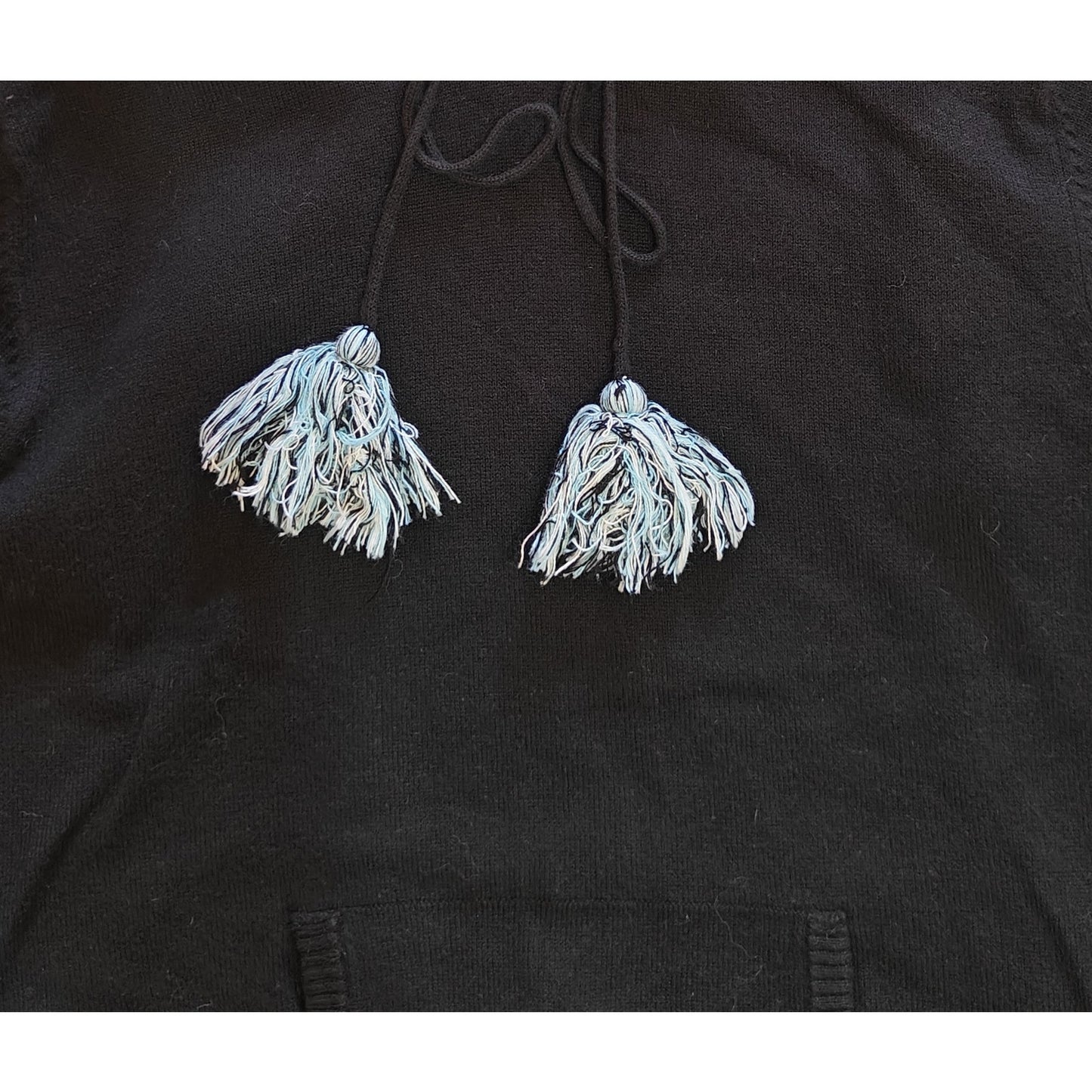 Black Knit Hoodie Sweater with Tassel Drawstring