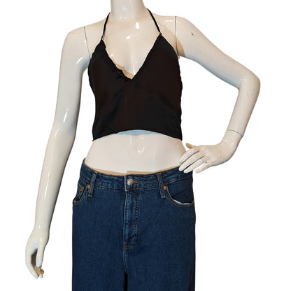 Black Satin Halter Crop Top