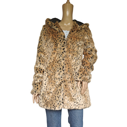 Faux Fur Leopard Print Hooded Coat