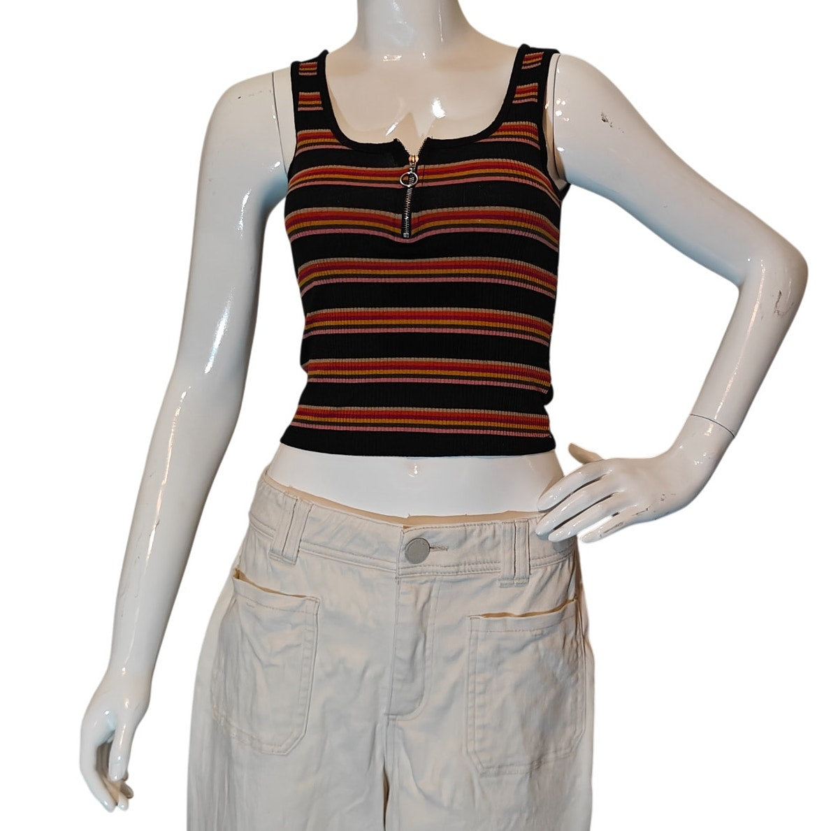 Striped Ribbed Zip Front Tank Top