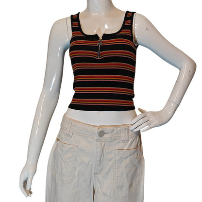 Striped Ribbed Zip Front Tank Top