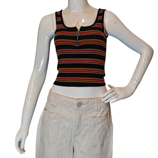 Striped Ribbed Zip Front Tank Top