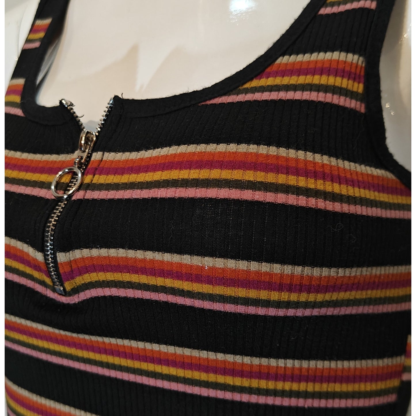 Striped Ribbed Zip Front Tank Top