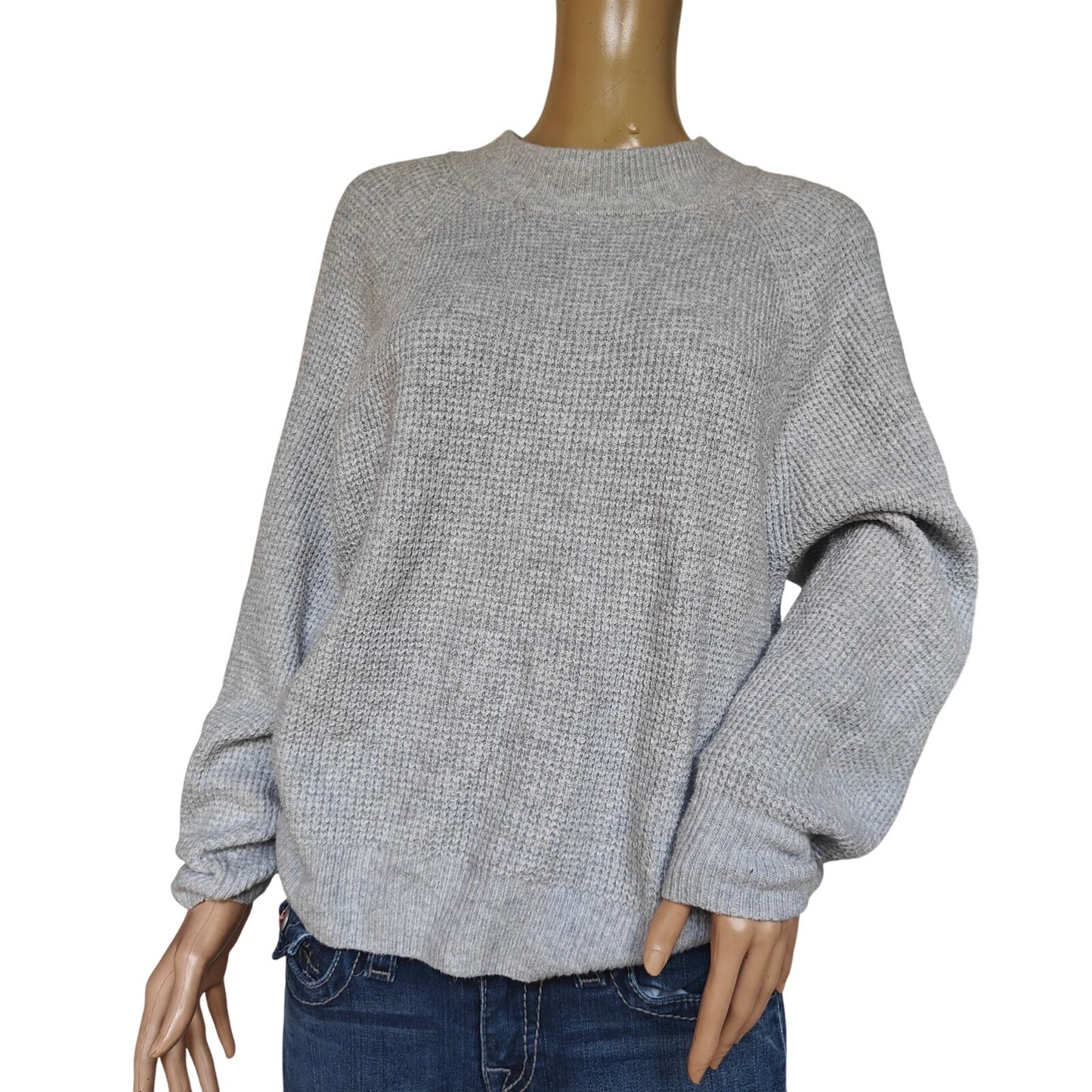 Gray Waffle-Knit Crewneck Sweater