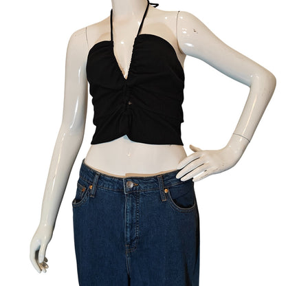 Black Halter Crop Top Ruched Front Size Medium