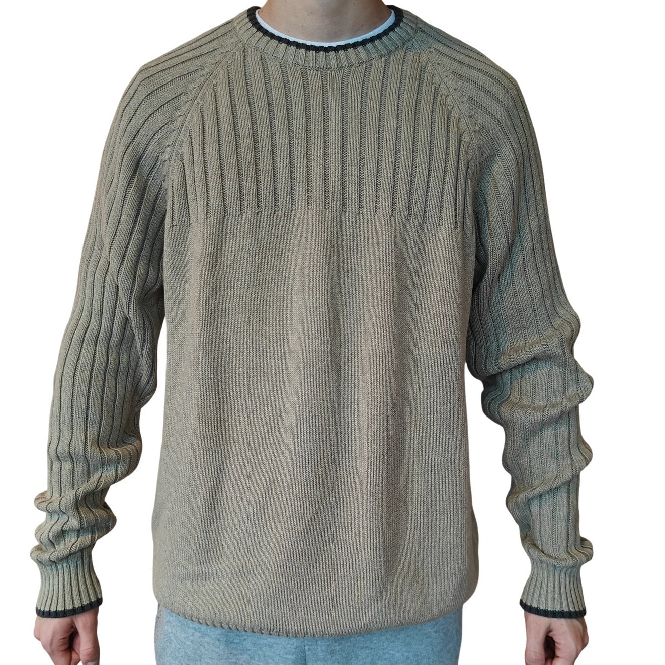 Beige Ribbed Crewneck Knit Sweater