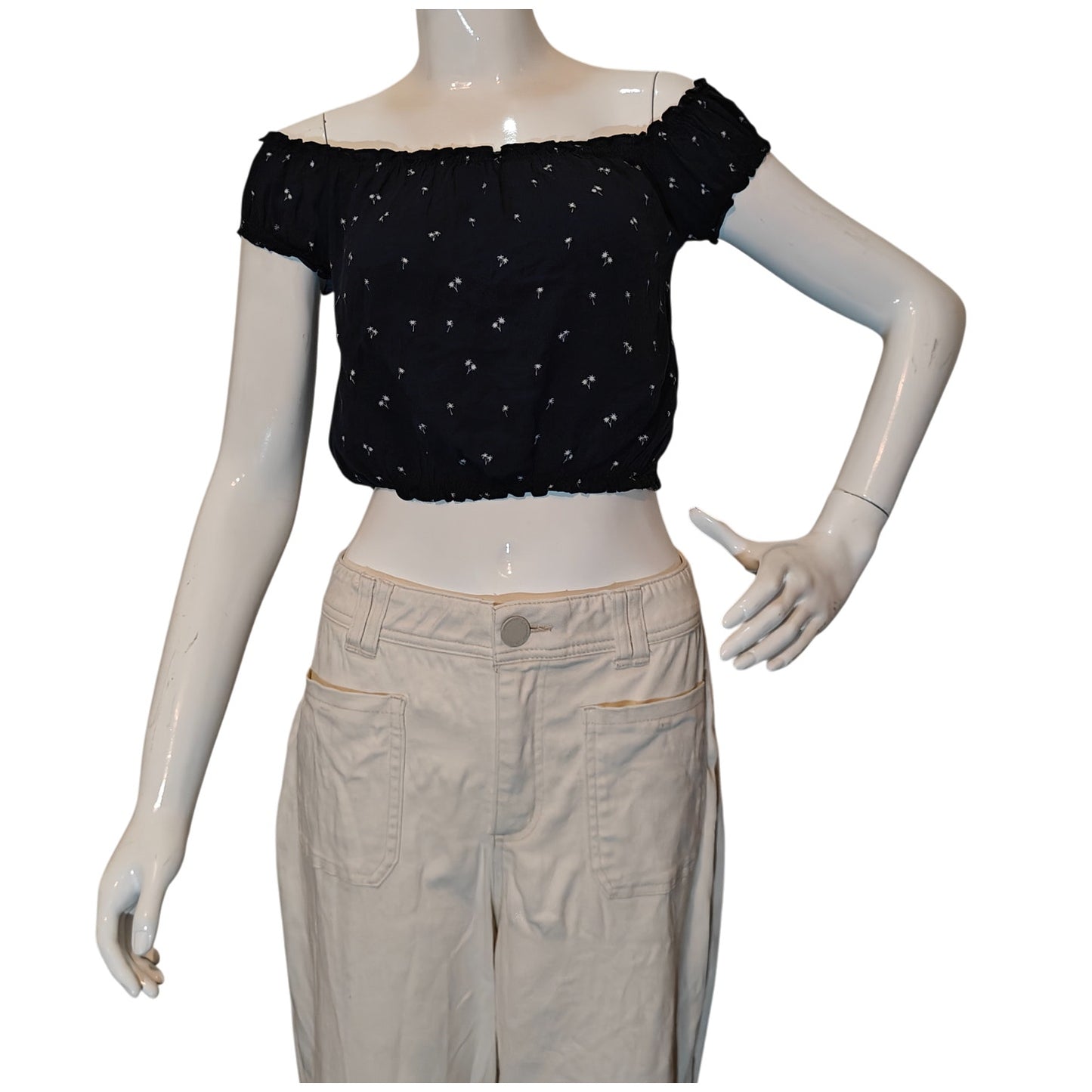 Black Off Shoulder Crop Top Palm Print