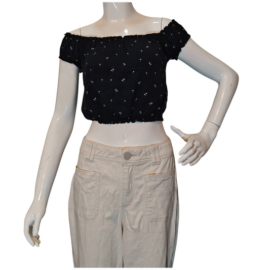Black Off Shoulder Crop Top Palm Print