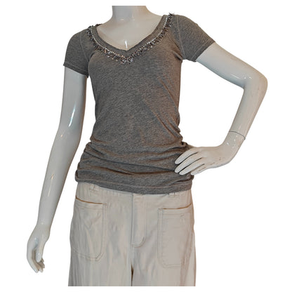 Gray Beaded V-Neck Embellished Tee