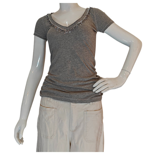 Gray Beaded V-Neck Embellished Tee