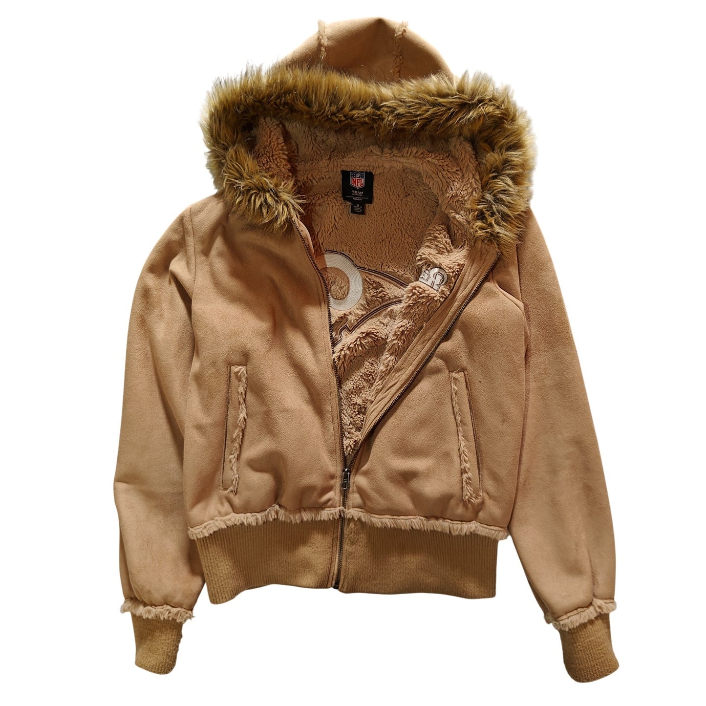 St Louis Rams Tan Faux Suede Fur Trim Hooded Jacket