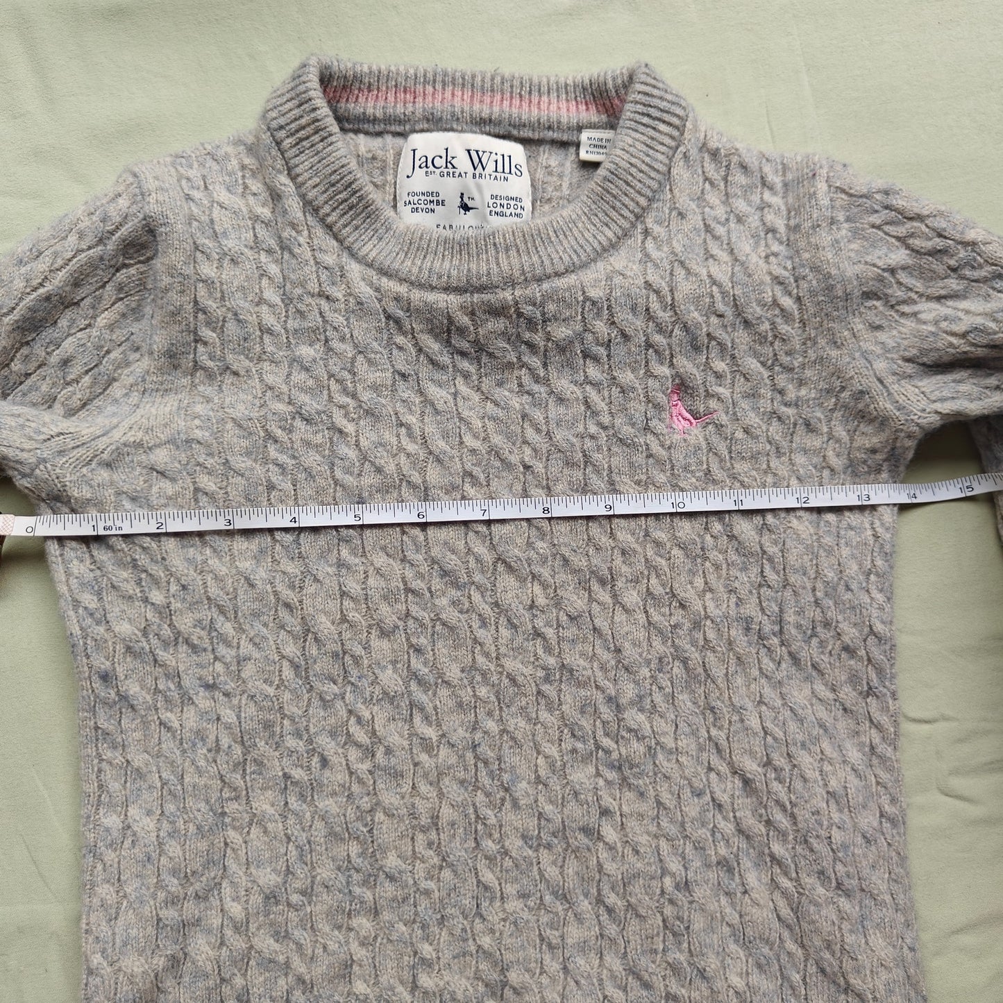 Gray Cable Knit Wool Crewneck Sweater