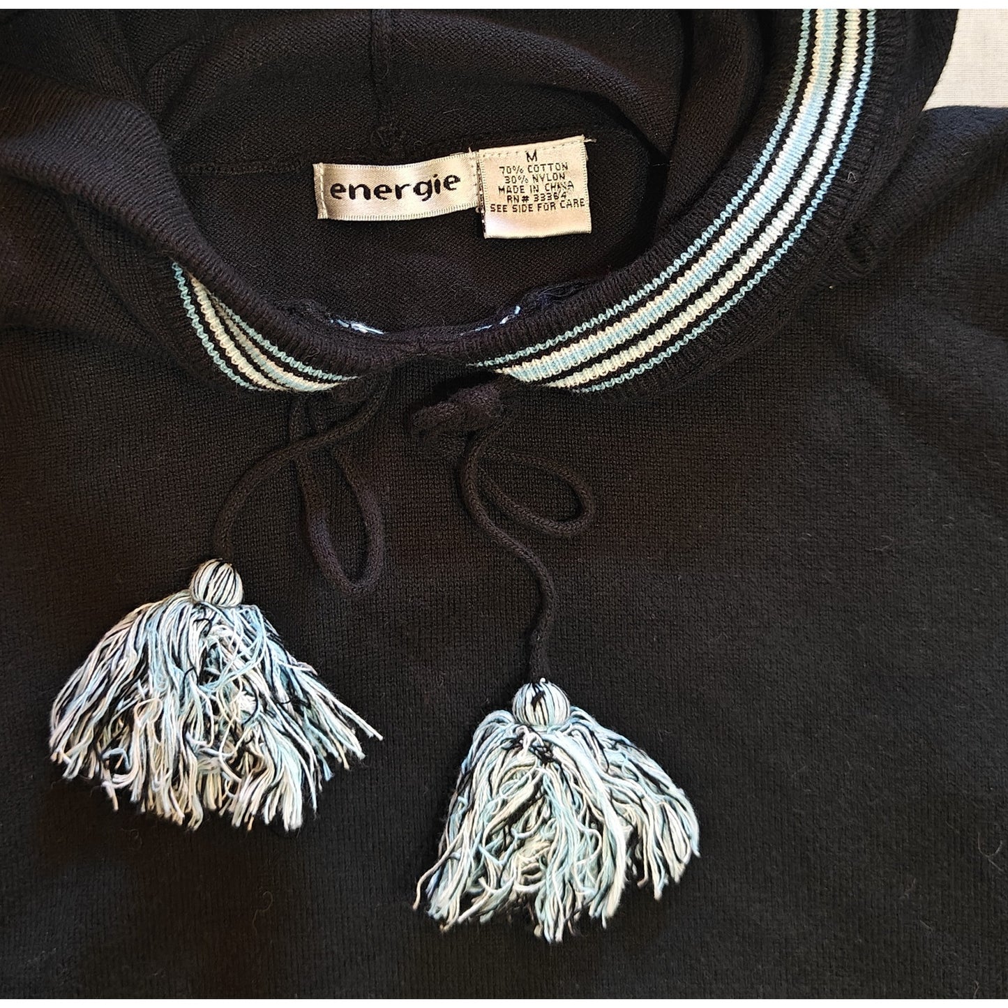 Black Knit Hoodie Sweater with Tassel Drawstring