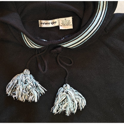 Black Knit Hoodie Sweater with Tassel Drawstring
