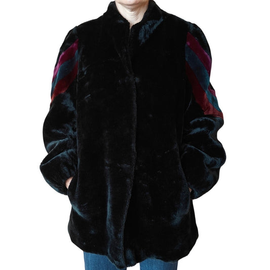 Vintage Black Faux Fur Coat with Colorblock Sleeves