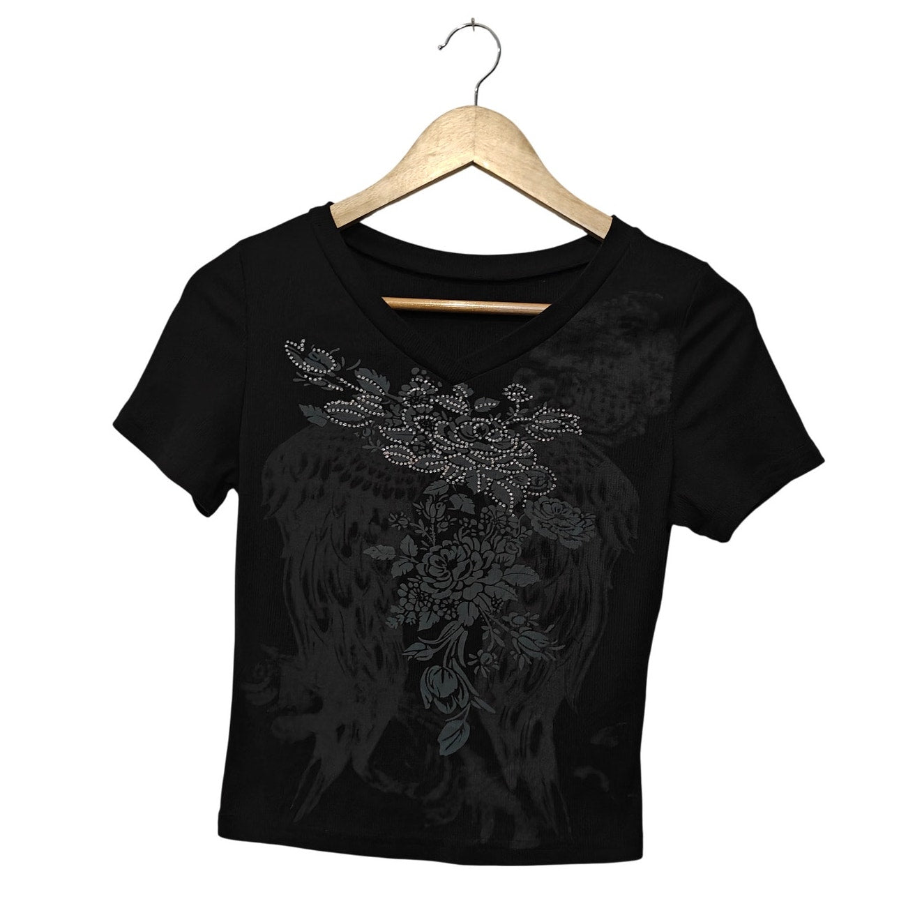 Black Floral Graphic Tee With Rhinestone Detail