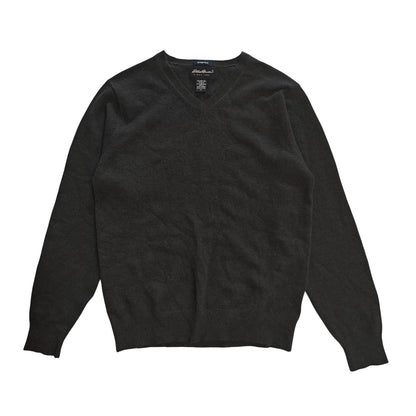Black Stretch Wool V-Neck Sweater