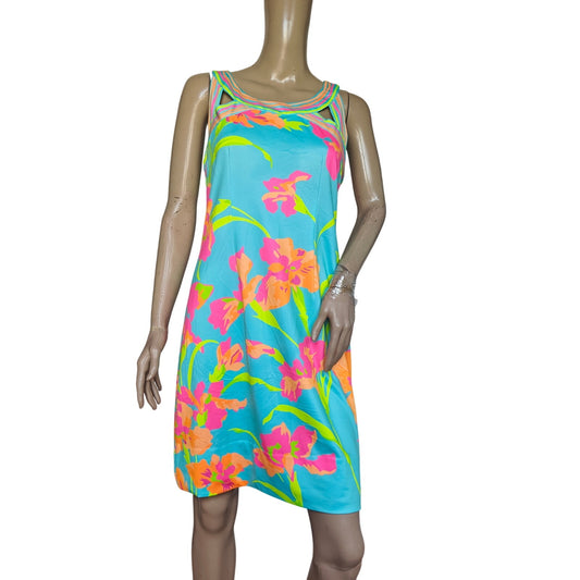 Turquoise and Pink Floral Sleeveless Shift Dress