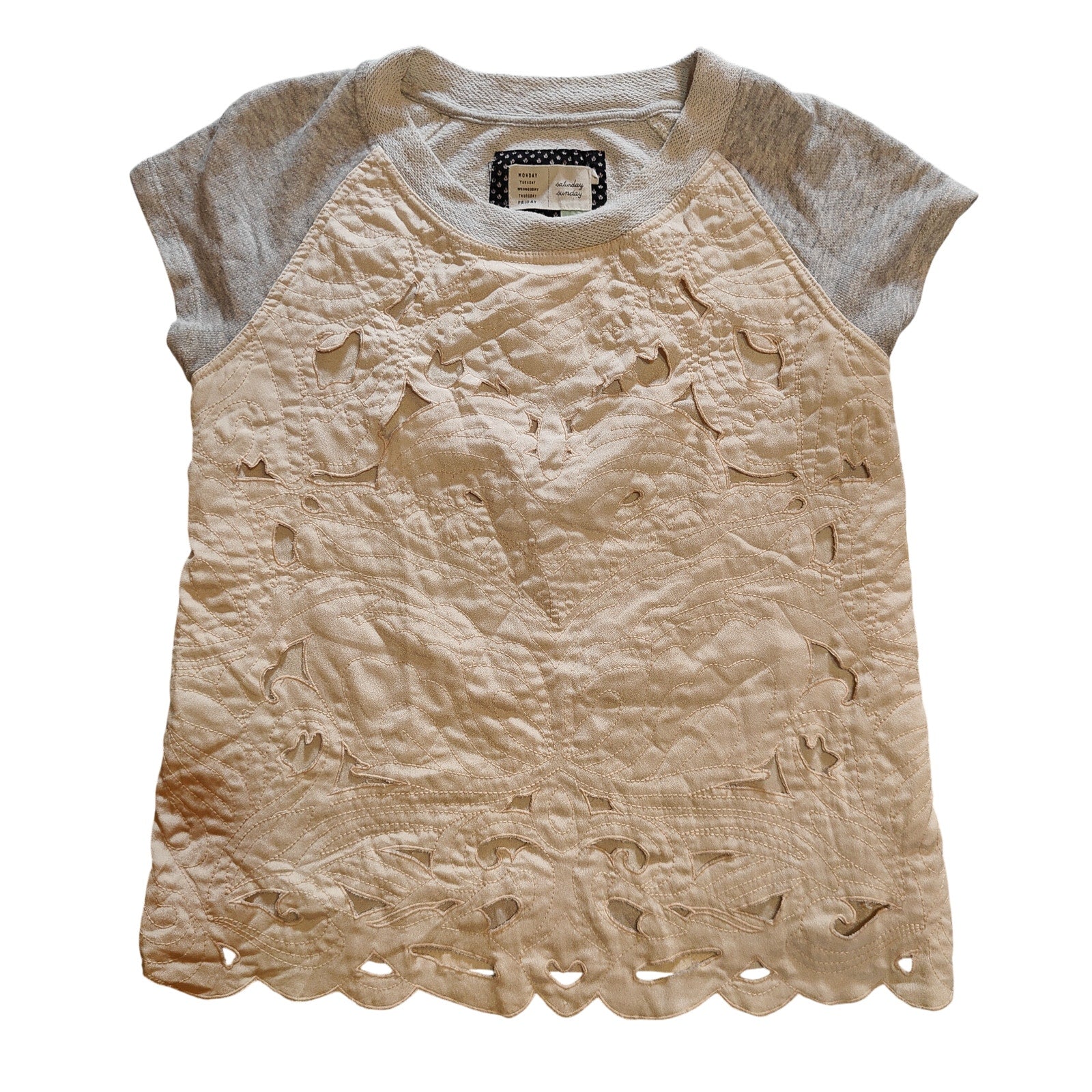 Beige Quilted Embroidered Cutout Short-Sleeve Top