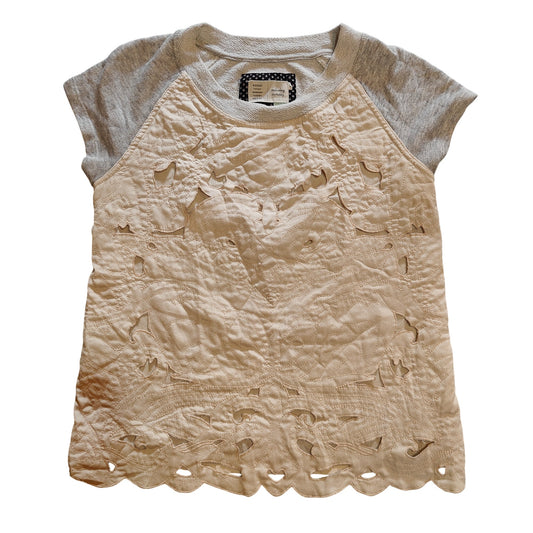 Beige Quilted Embroidered Cutout Short-Sleeve Top