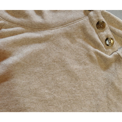 Beige Button Neck Funnel Collar Sweatshirt